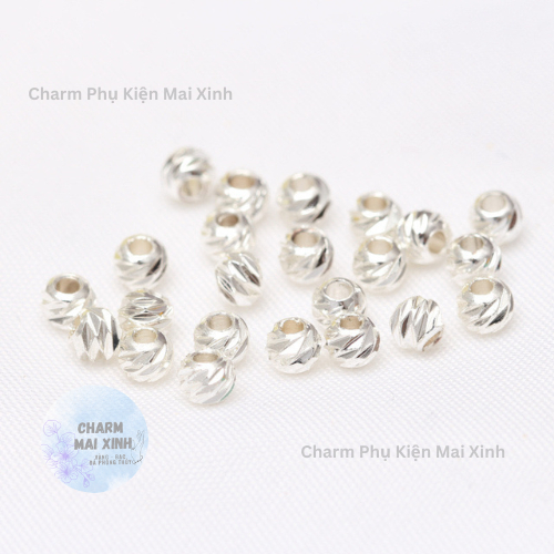 [GIÁ SỈ] Set 10 Bi Bạc Trắng Khía Thẳng & Chéo - 4 Size - Phối Xâu Mix Vòng Tay Vòng Cổ - Bi khía Kim Loại chống han rỉ