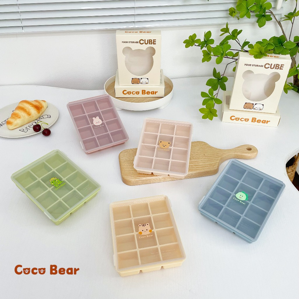 Khay Trữ Đông Chia Ô Cho Bé Ăn Dặm COCOBEAR Khay Silicon Nắp Nhựa Đồ Dùng Nhà Bếp