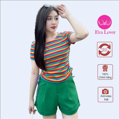 Áo phông nữ họa tiết kẻ sọc ngang phối nhún sườn chất cotton co giãn mềm mịn Evalover AP2024224