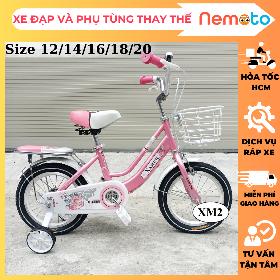 Xe đạp Xaming 2 khung nữ hồng dễ thương size 12-16-18-20in cho bé từ 2 - 10 tuổi (xm2)