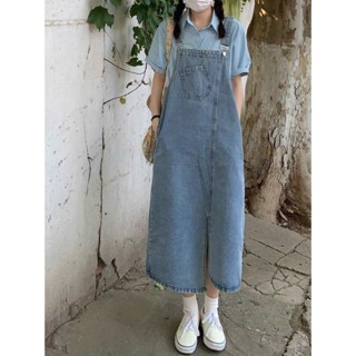 Yếm váy jean nữ dáng dài xẻ trước phối túi lớn trước ngực dịu dàng nữ tính phong cách Hàn Quốc y3