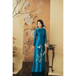Áo Dài Hương Phượng lụa Ruby cao cấp cho mẹ trung niên đẹp sang trọng đính kết chim hoa đào - M22