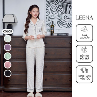 Bộ Ngủ Pyjama Nữ Lụa Gấm Cao Cấp Áo Tay Lỡ Quần Dài, Bộ Mặc Nhà Nữ Thu Đông Lụa Dài Tay Leanabe Homewear 24LG
