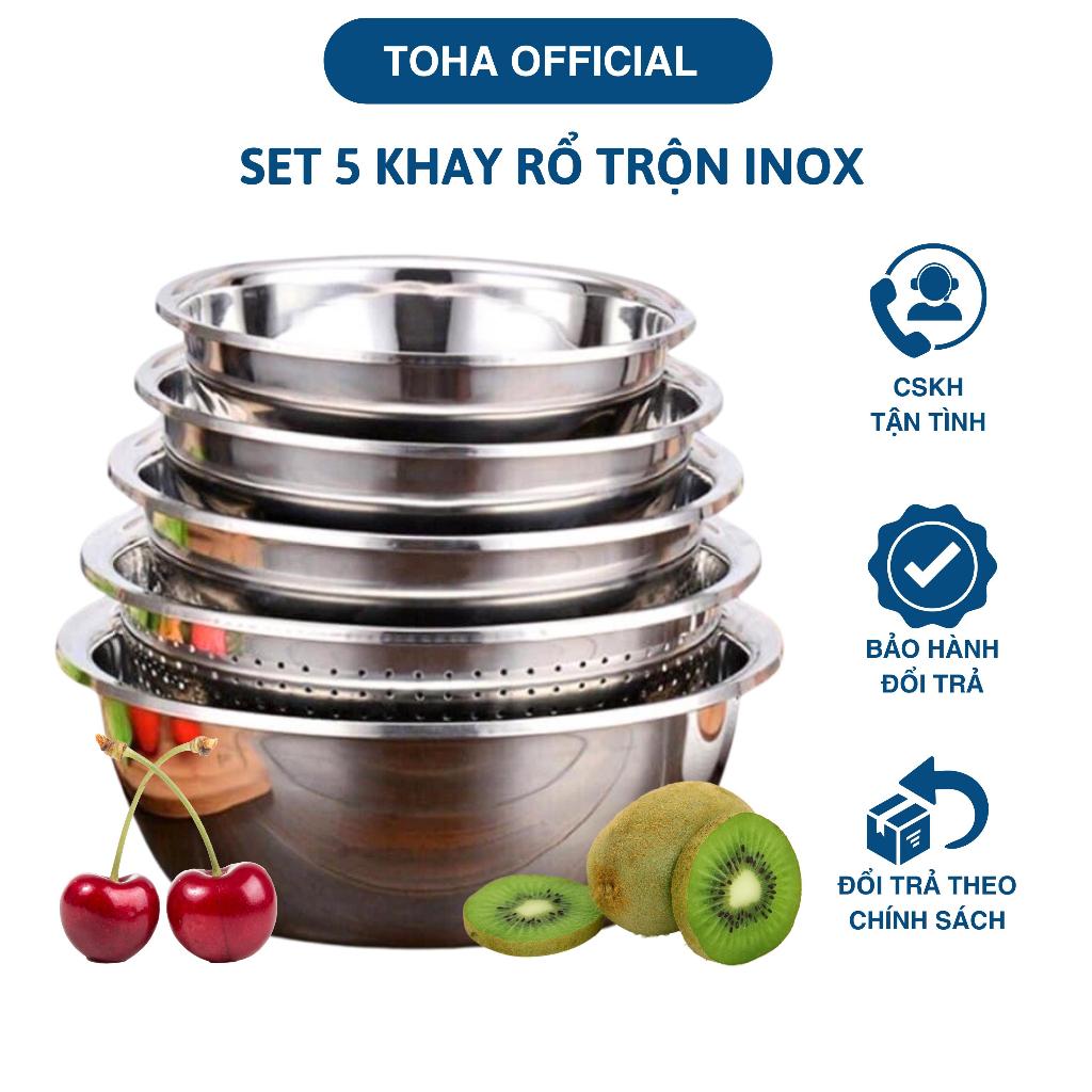 Bộ 5 Thau Rổ Inox Cao Cấp Đủ Size, Chậu Inox Rửa Đựng Đa Năng Đa Dạng Kích Thước Tiện Lợi