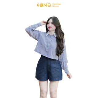 Set Áo Sơ Mi Nữ Crop DOMEI Kẻ Xanh Hàn Quốc Kèm Quần Short Bò Set Sơ Mi Xanh Dáng Ngắn Đi Chơi Đi Làm
