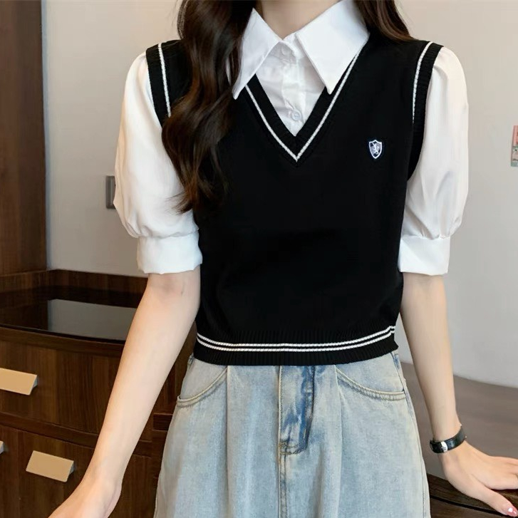 Áo Gile Len kiểu hàn thêu ngực dáng ngắn, Áo len gile nữ 3 màu đen, nâu,, trắng basic GL20