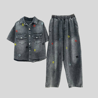 Sét Jane B29 Áo Cổ Đức Tay Cộc Khuy Bấm Thêu Hinh Chữ , Quần Baggy Dài Viền Cạp Chun Cho Nữ, Chất Jane Mềm,( 42-72kg)