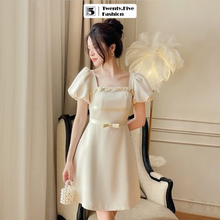 Đầm nữ Twentyfive cổ vuông viền đính đá, tay bồng, eo thắt nơ DA35