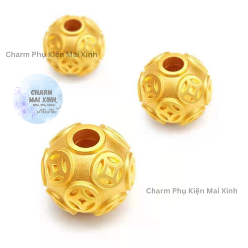 Bi Kim Tiền Hoa Văn Nổi Vàng & Bạc - 4 Kích Thước 6Mm 8Mm 10Mm 12Mm - Charm Phụ Kiện Vòng Tay Phong Thủy May Mắn Nam Nữ