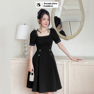 Đầm nữ Twentyfive ngắn tay, dây nơ vai, phối viền, cổ vuông, cúc giả ở eo DH41