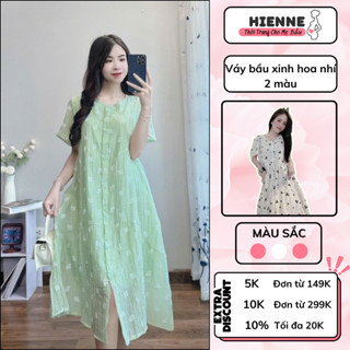 Váy bầu mùa hè HIENNE, đầm bầu xinh dáng babydoll tay ngắn, thiết kế 2 lớp có nút cài chất đũi tơ cao cấp