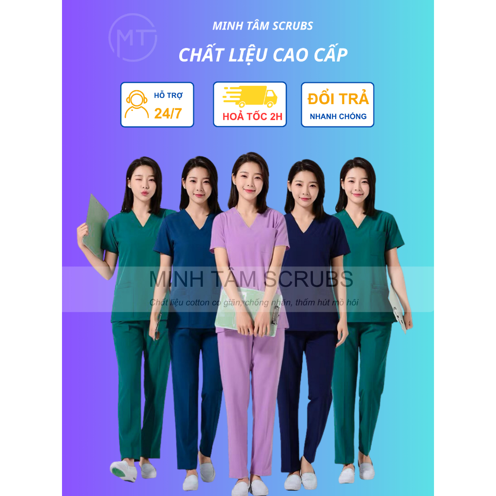 Bộ Scrubs bác sĩ, blouse cổ tim, đồng phục điều dưỡng, spa, thẩm mỹ viện vải Cotton Hàn