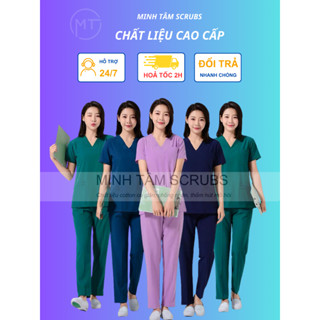 Bộ Scrubs bác sĩ, blouse cổ tim, đồng phục điều dưỡng, spa, thẩm mỹ viện vải Cotton Hàn