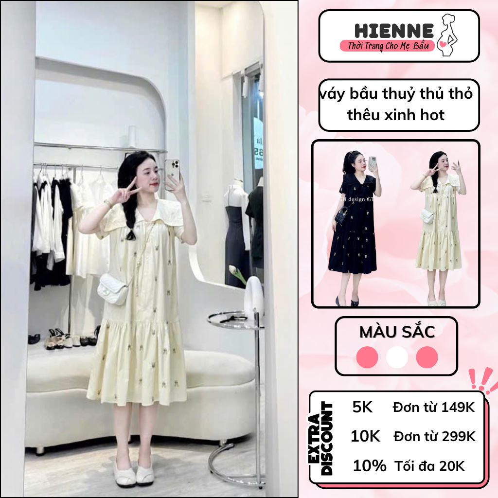 Đầm bầu thiết kế HIENNE, váy bầu mùa hè dáng babydoll thiết kế cổ thủy thủ thêu hình thỏ xinh xắn
