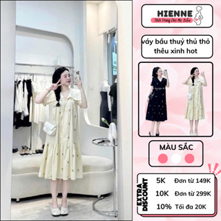 Đầm bầu thiết kế HIENNE, váy bầu mùa hè dáng babydoll thiết kế cổ thủy thủ thêu hình thỏ xinh xắn