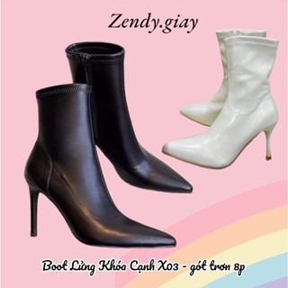 Boot lửng cổ lỡ gót nhọn khóa kéo cạnh tiện lợi boot đùi khóa cạnh gót nhọn có lót lông bên trong, gót cao 8 phân X03