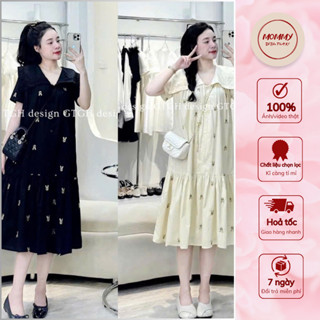 Đầm bầu thiết kế MOMMY, Váy bầu đẹp mặc hè, dáng babydoll cổ thủy thủ thêu thỏ xinh xắn dễ thương