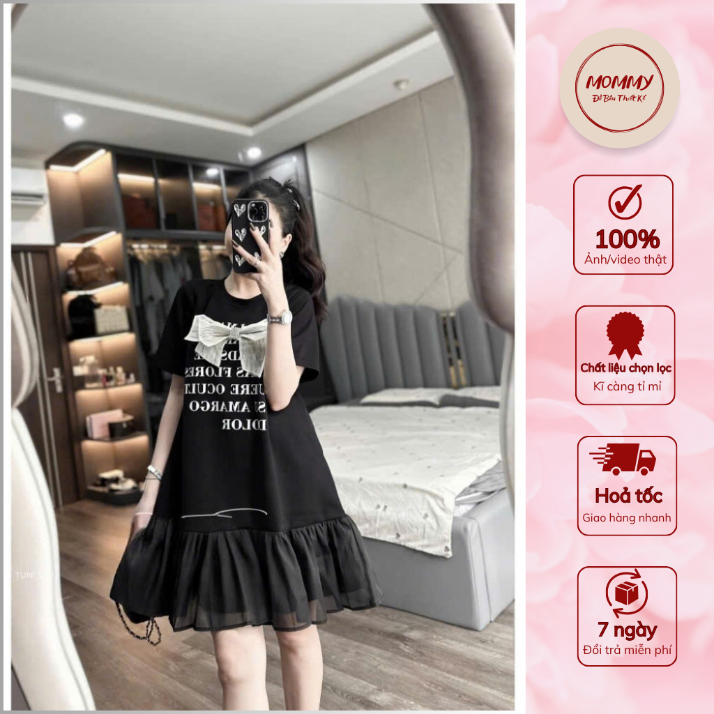Đầm bầu thiết kế MOMMY, váy bầu xinh nơ nổi phối chữ đuôi cá dáng xòe tiểu thư siêu xinh cho các Mom