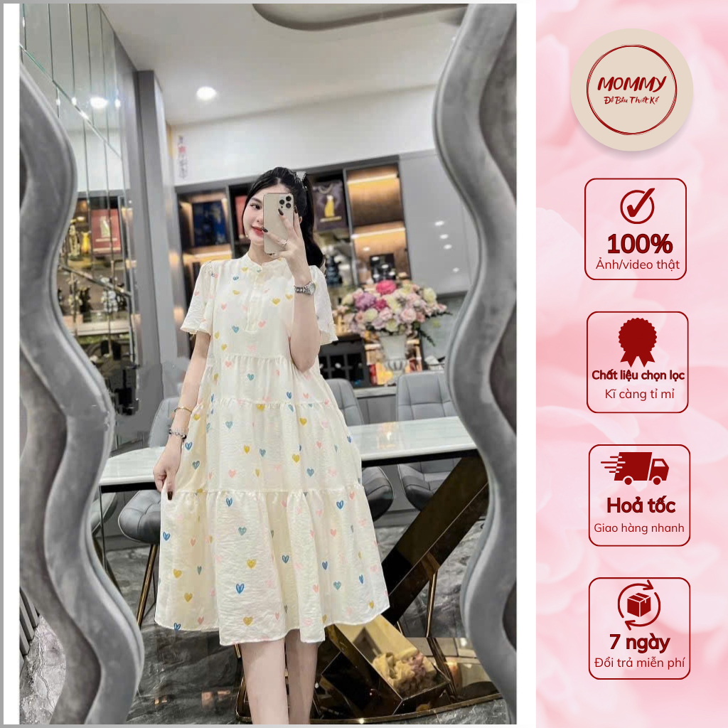Váy bầu công sở MOMMY, đầm bầu xinh dáng babydoll họa tiết trái tim nhiều màu sắc xinh xắn đáng yêu