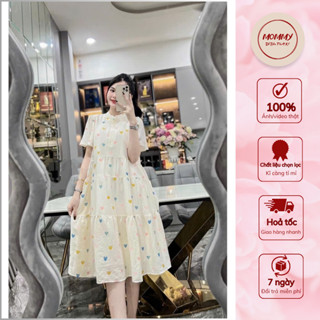 Váy bầu công sở MOMMY, đầm bầu xinh dáng babydoll họa tiết trái tim nhiều màu sắc xinh xắn đáng yêu