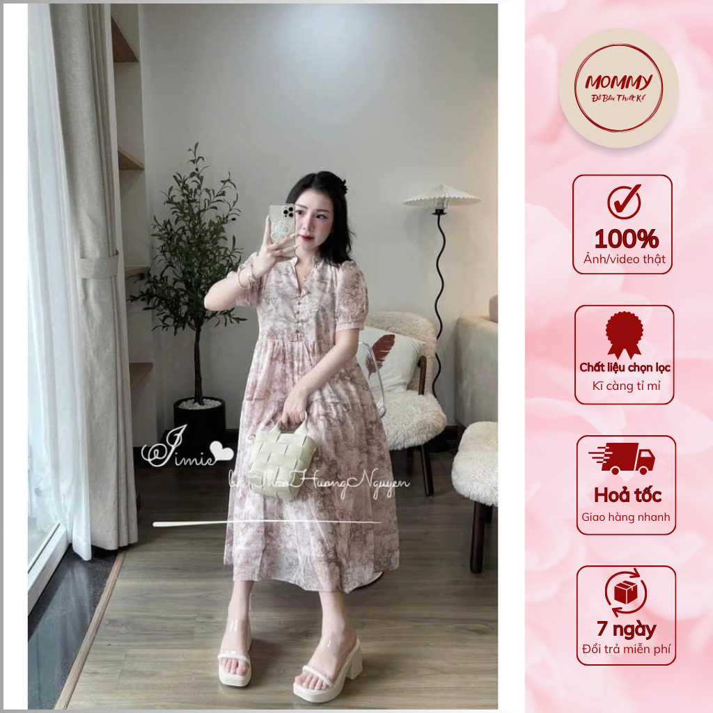  Váy bầu đẹp MOMMY đầm bầu dáng babydoll suông dài họa tiết vân hoa nhí chất voan tơ thoáng mát 
