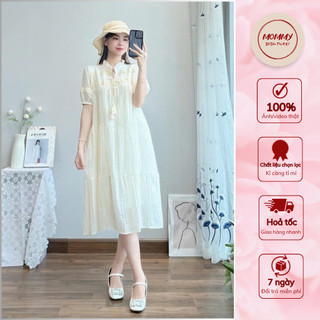 Váy bầu đẹp, đầm bầu thời trang Mommy dáng babydoll cộc tay tơ hàn, cổ ren kèm dây buộc chuông, váy thiết kế xinh xỉu