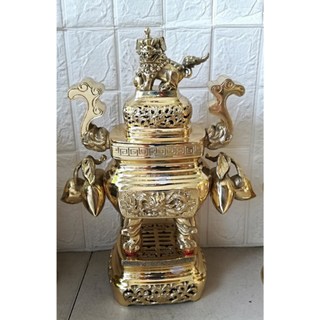 Bộ Đỉnh lư vuông 45cm trái đào, cặp chân đèn cao 36cm bằng đồng size vừa gia đình