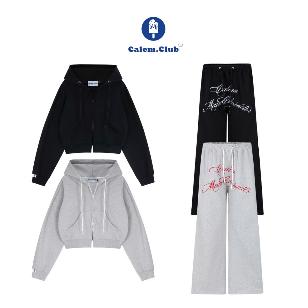 Calem Club - [ Có bán lẻ] Quần dài ống rộng Nỉ Chân Cua dày dặn và Áo Khoác Nỉ Dây Kéo 2 đầu form boxy có chữ in