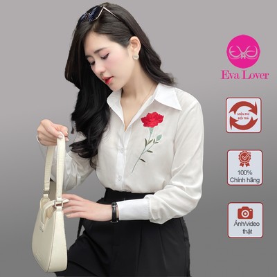 Sơ mi trắng nữ dài tay thêu hoa hồng chất thô  lụa Nhật mềm mát k nhăn Evalover