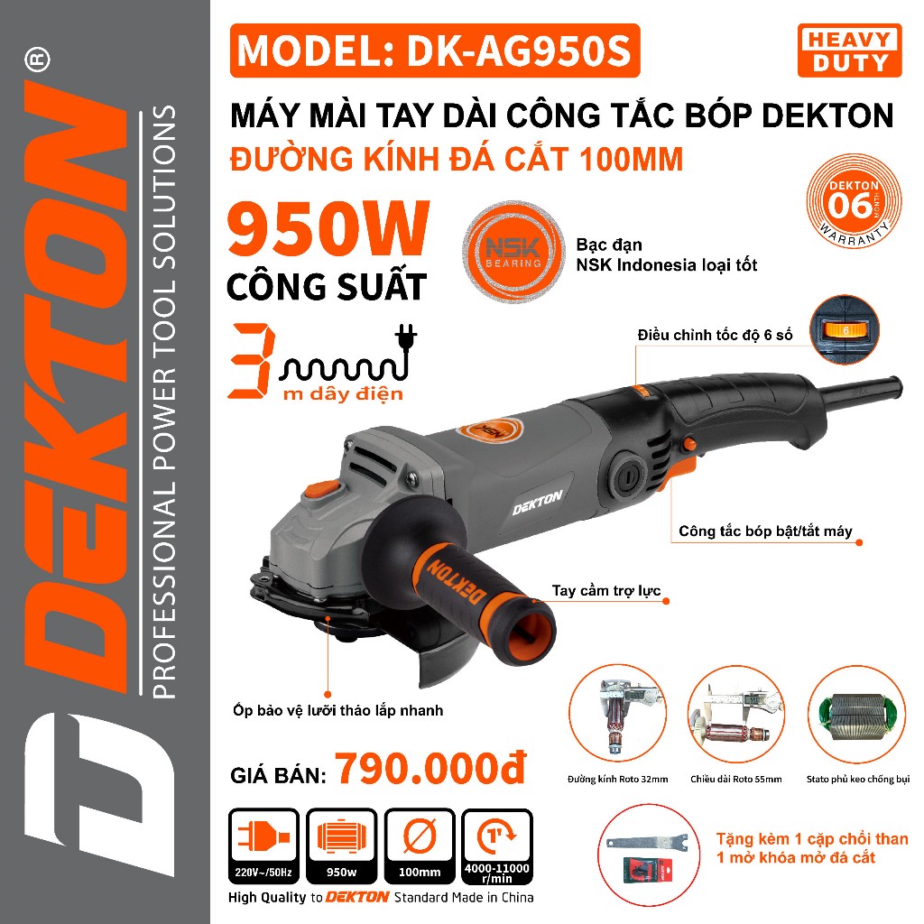 Máy Mài Gốc Dekton 950W Công Tắc Bóp Cán Dài  / DK-AG950S / Có Chỉnh Tốc Độ