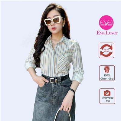 Áo sơ mi nữ dài tay Eva Lover chất vải thô đũi Nhật họa tiết kẻ sọc túi lật