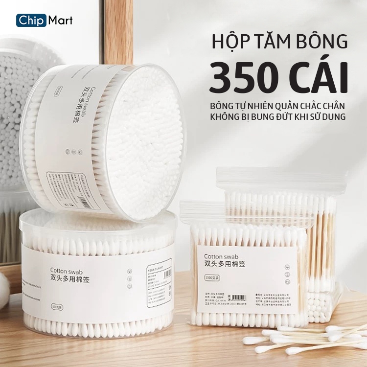 Hộp lớn 350 que tăm bông y tế, tăm bông trang điểm, spa, bông ngoáy tai que gỗ