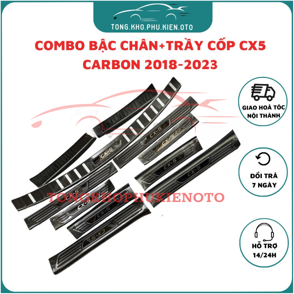 Tổng hợp phụ kiện Ốp bậc cửa/Nẹp bước chân, Chống trầy cốp Carbon Mazda CX5/CX-5 2018-2025 Vân Cacbo