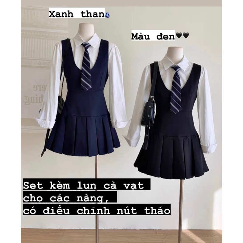 (Hàng Sẵn): Set Yếm Tuyết Đuôi Xếp Ly Mix Áo Sơ Mi Thô Tay Bồng Dài Tay Kèm Cà Vạt Chuẩn Form Mẫu Mặc Lollaye | BigBuy360 - bigbuy360.vn