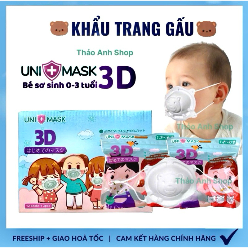 Khẩu trang gấu cho bé sơ sinh 3D Uni Mask dễ thương mềm mại cho bé 0-3 Tuổi Hàng Chính Hãng