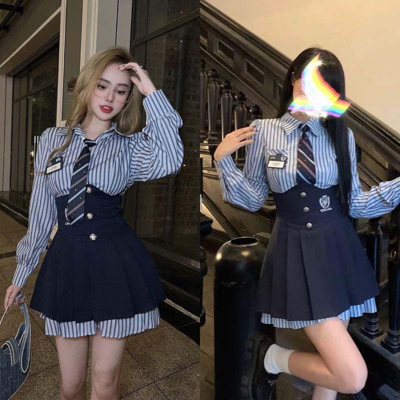 [Tặng Kèm Cà Vạt]: Set 3 Món Áo Sơ Mi Dài Tay Mix Chân Váy Xếp Ly Phối Đuôi Kẻ Xanh Chuẩn Style Nữ S