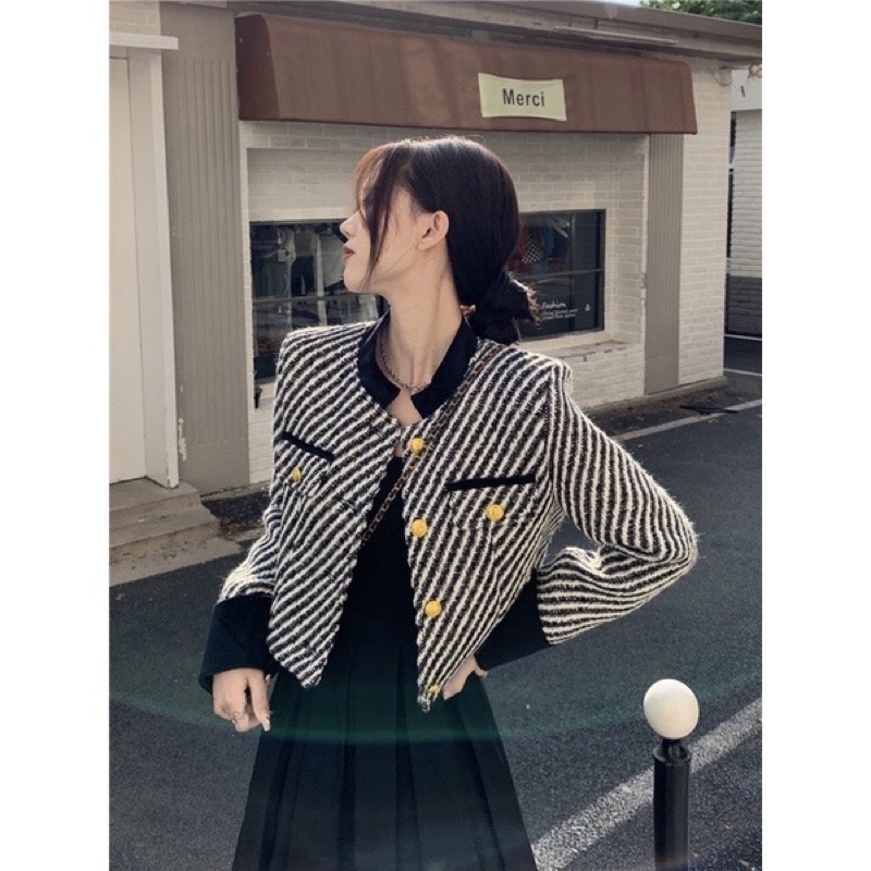 (Ảnh Thật/video):  Áo Khoác Dạ kẻ Tweed Nữ có ĐỆM VAI Cổ Tàu Tay Nhung  [LOLLA_YE_FASHION]