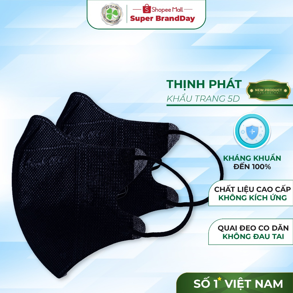 Khẩu trang đen 5D Thịnh Phát 100 chiếc lớp kháng khuẩn chống tia UV an toàn túi Zip tiện lợi