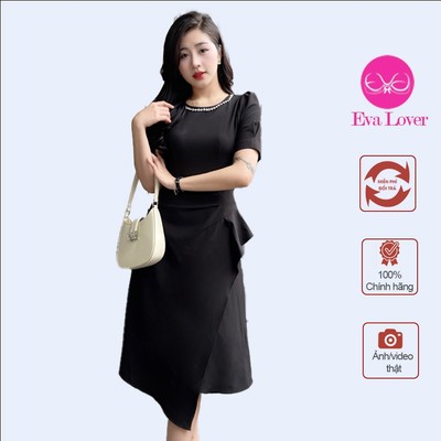 Váy đầm cổ tròn viền đính đá thiết kế dáng xòe vạt chéo phối diềm nhún Evalover