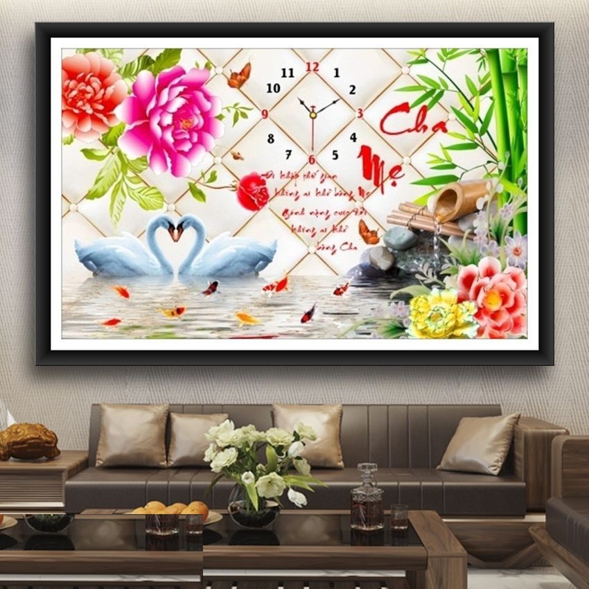 Tranh đính đá đồng hồ cha mẹ KT:75x50cm,tranh chưa đính đá và chưa khung