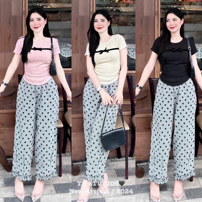 DF6V- Sét bộ baggy chấm bi, áo thun tăm form ôm dây nơ ngực, quần baggy 9 tất viền bèo