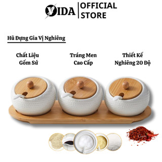  Bộ 3 Hũ Đựng Gia Vị Nghiêng 20 Độ Nắp Gỗ  Hũ Gia Vị Kèm Khay Gỗ Tre Thìa Sứ Phong Cách SP412326222 