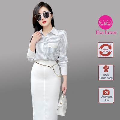 Áo sơ mi nữ họa tiết kẻ sọc phối cổ trắng phối túi kiểu dáng basic Evalover