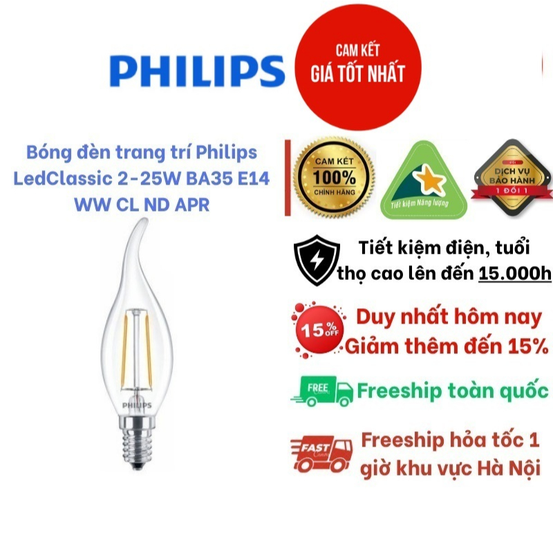 Bóng đèn trang trí Philips LedClassic 2-25W BA35 E14 WW CL ND APR
