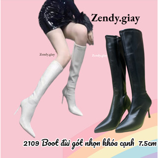 (Đọc kỹ số đo bắp chân) Boot Đùi Nữ Da Mờ Gót Nhọn 8 Phân Bốt Lửng Khóa Sau Lót Lông cổ V  đính chữ H gót vuông bắp to
