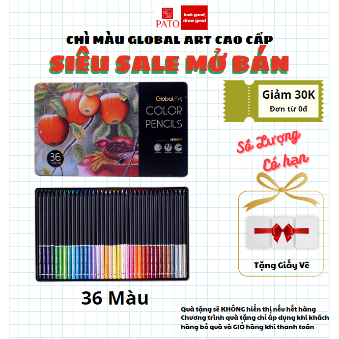 Bút Chì Màu Hộp Thiếc Global Art Cao Cấp 36 Màu Đậm Mịn Tô Màu Phác Họa Thiết Kế M40007