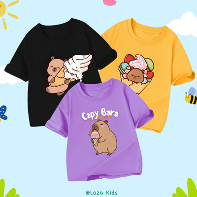 Áo thun CapyBara ăn kem cho bé trai, bé gái từ 15-40kg - Áo phông trẻ em Loza Kids - AT012