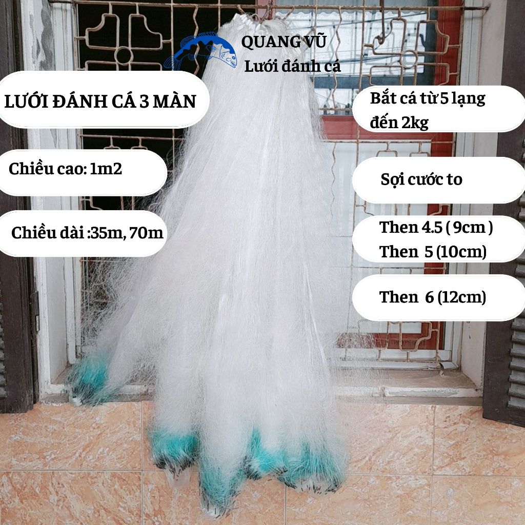Lưới đánh cá 3 màn cước sợi to cao 1m2 dài 70m then 4.5, then 5, then 6 thả bắt cá vừa đến 2 kg ở sô