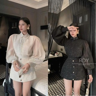Set đồ Áo sơ mi voan tay bồng đính kim sa phối Chân váy dạ nhũ chữ A, hàng RDY