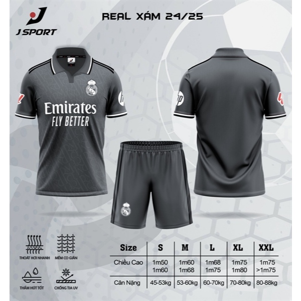 Đồ Đá Banh Nam Nữ CLB Real Madrid Xám JP   - Đồ Thể Thao Đá Banh Nam Nữ Cao Cấp Mới